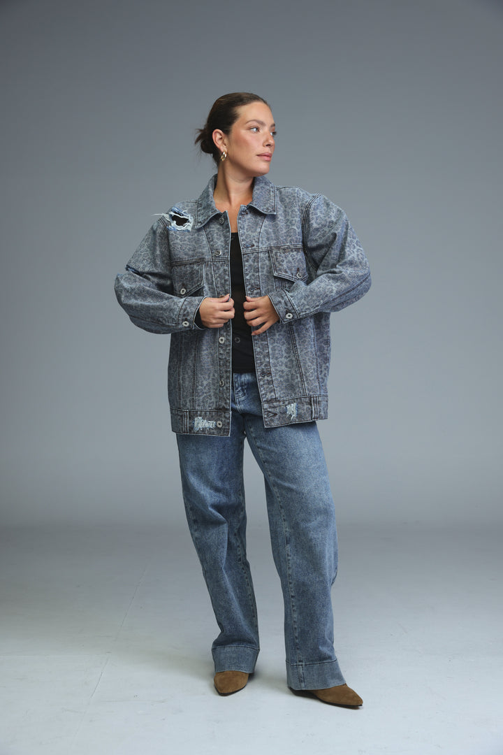 Distressed Leopard Denim Jacket