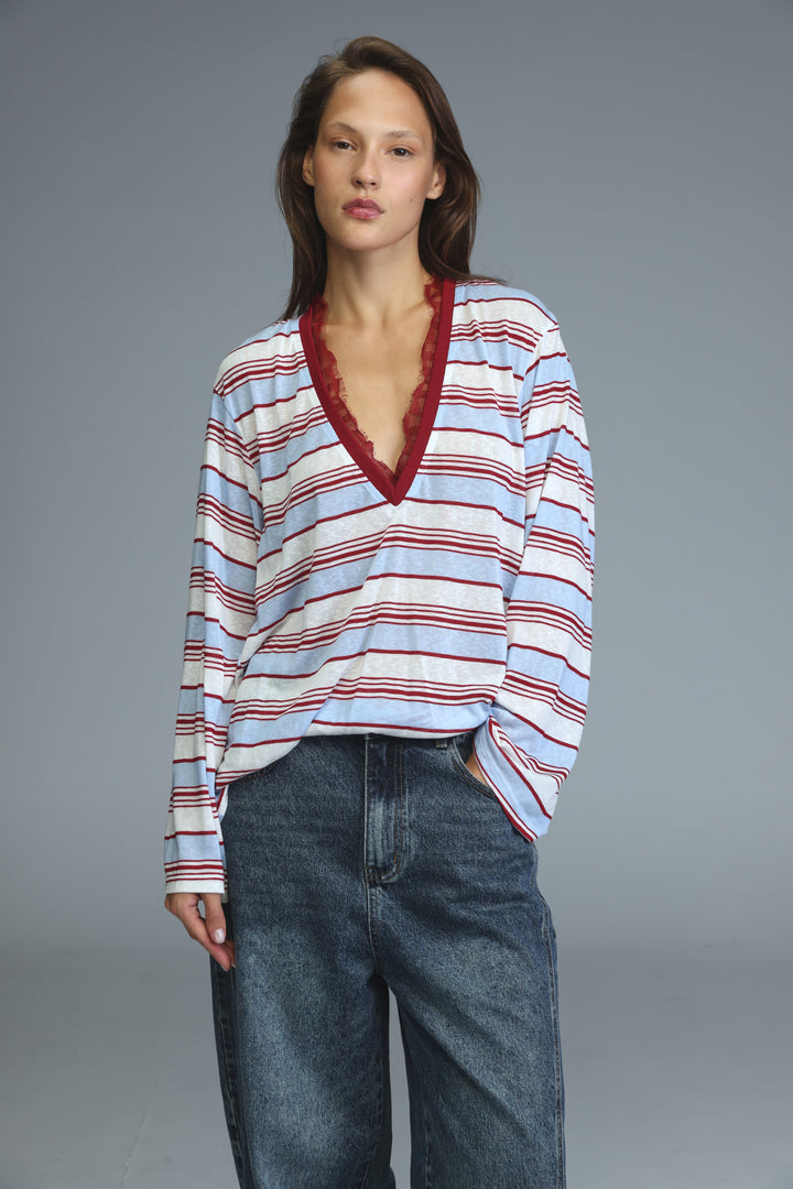 Glow red striped shirt with long sleeves, light blue white red horizontal stripes, and deep red lace v-neck trim front view