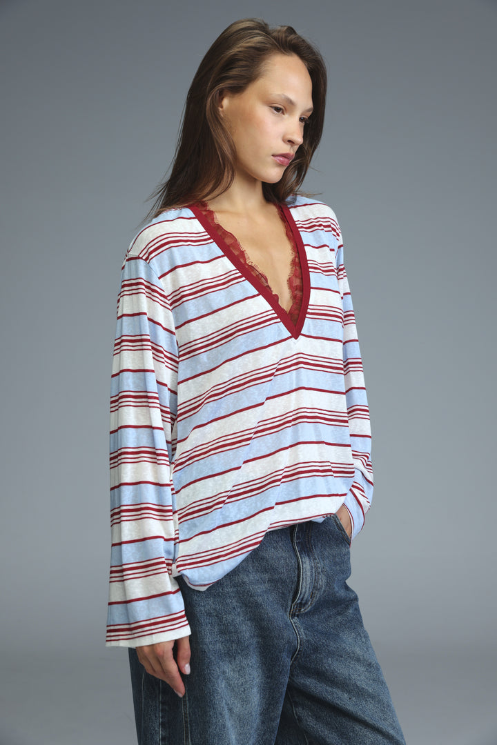 Women’s long-sleeved glow red striped shirt with horizontal stripes and deep red lace trim on v-neckline front view