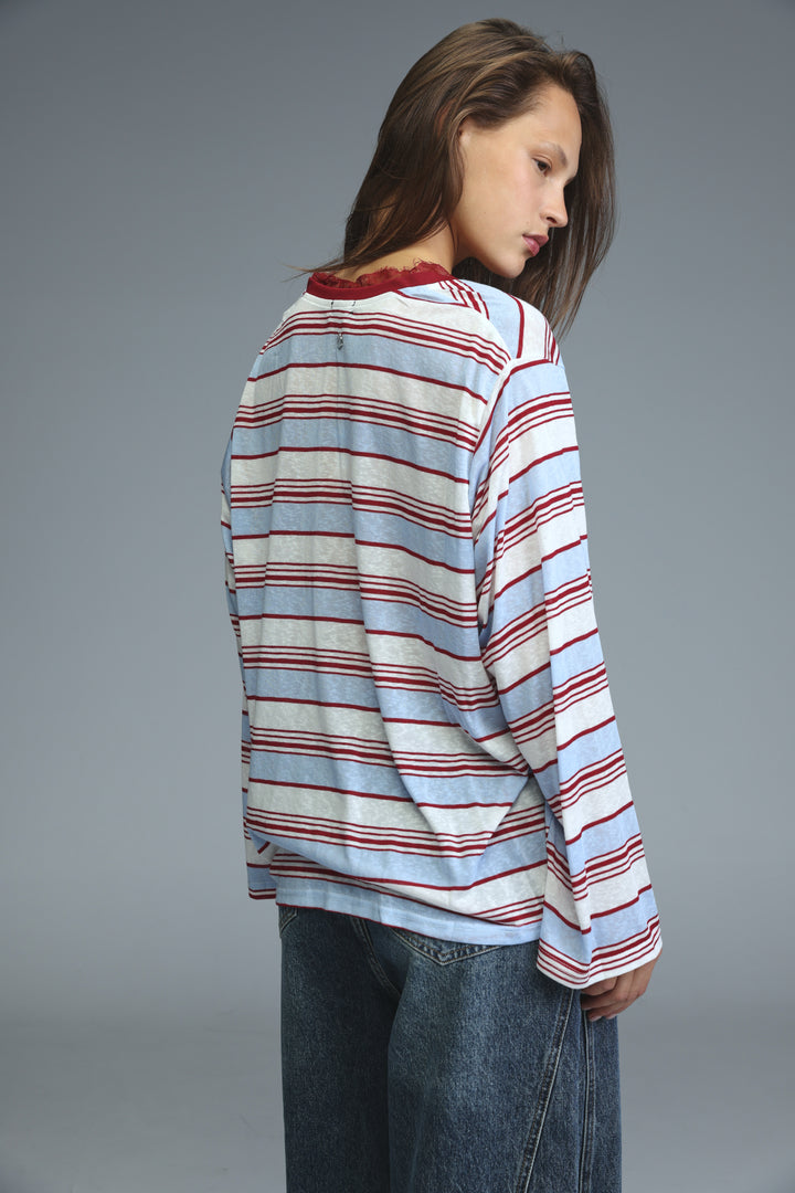 Long-sleeved glow red striped shirt with horizontal light blue white and maroon bands and red lace-trimmed neckline