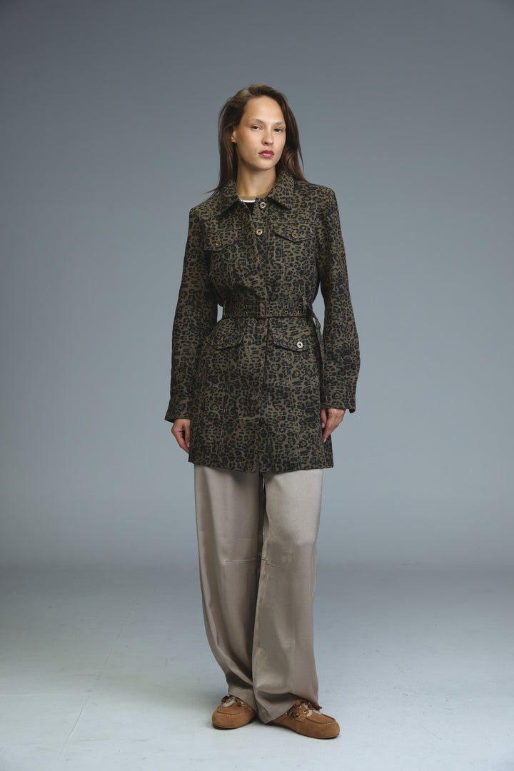 Dark olive and black leopard-print trench coat with belted waist buttoned front and two flap pockets shown from front
