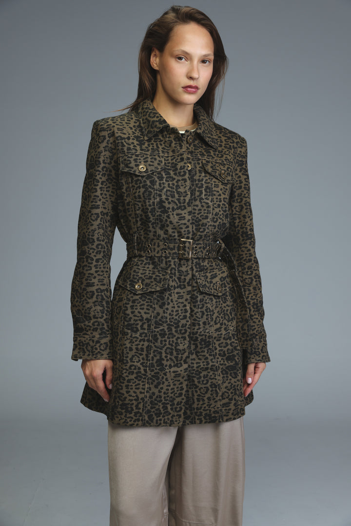 A dark olive and black leopard-print trench coat with belted waist, buttoned front, and flap pockets shown from front