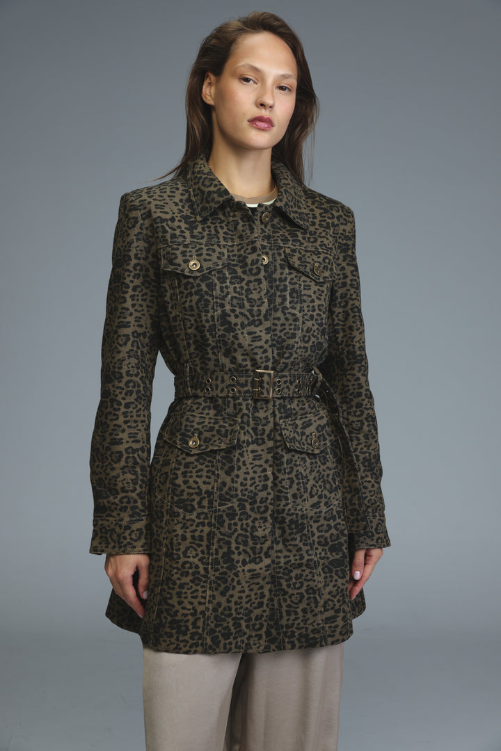 Dark green and black leopard-print trench coat with belted waist buttoned front and flap pockets shown from the front