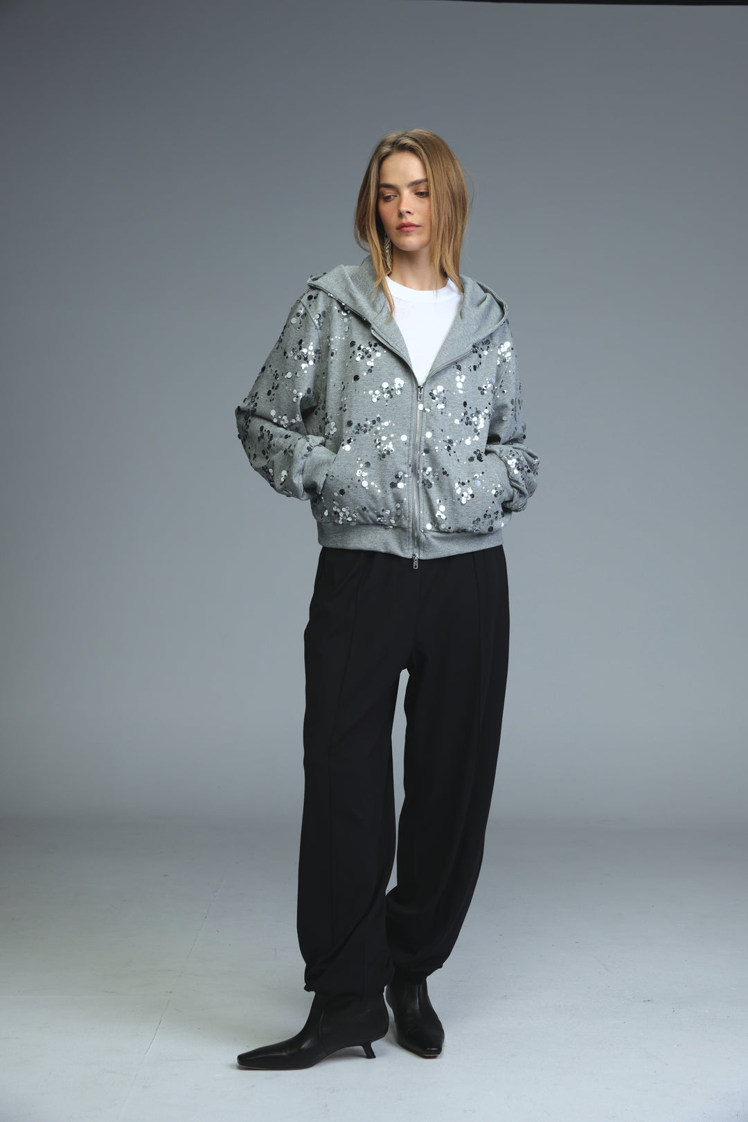 Fortune grey jacket gray sequined zip-up hoodie with floral pattern shown from front