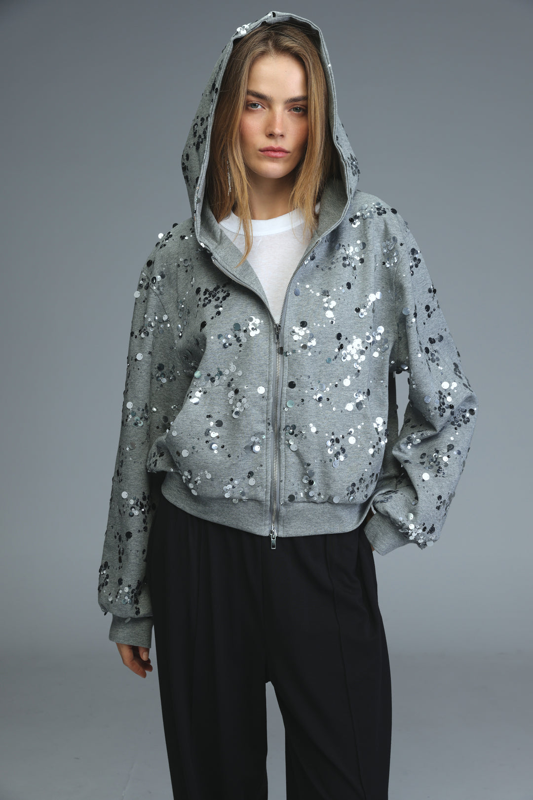 Fortune grey jacket gray sequined zip-up hoodie with hood and front zipper shown from front view