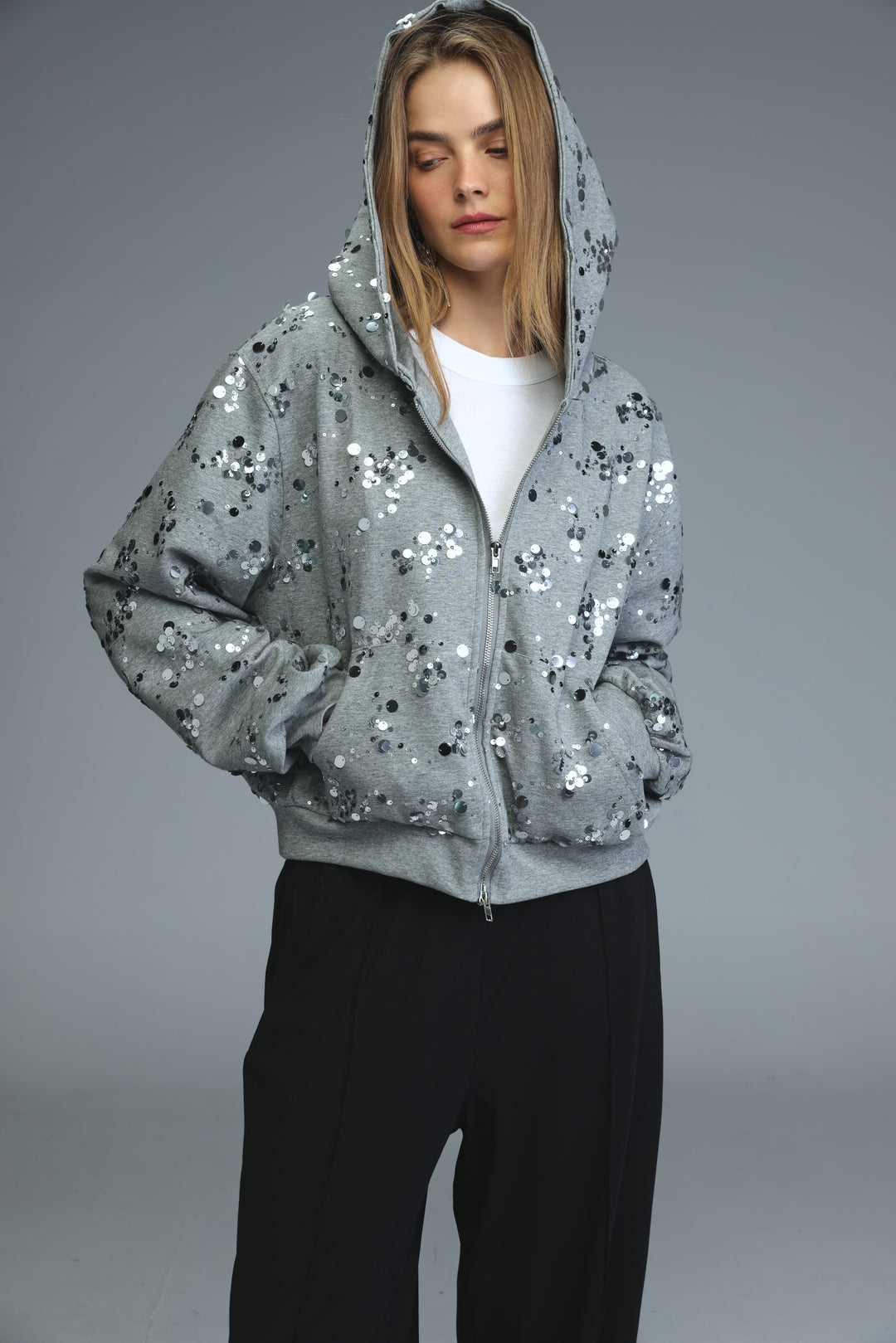 Fortune grey jacket gray sequined zip-up hoodie with hood and front pockets shown from the front