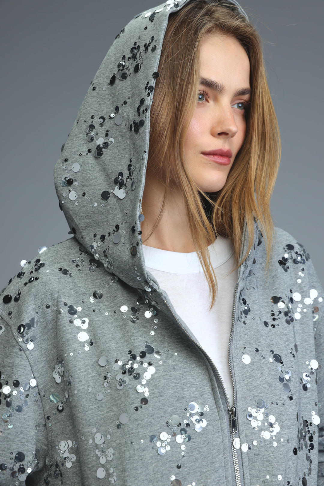 Fortune grey jacket gray sequined hoodie with zipper front and hood featuring scattered silver and black sequins