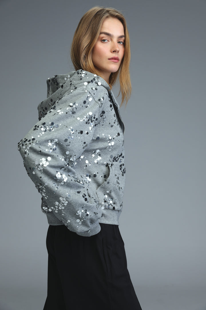 Fortune grey jacket gray sequined hoodie with hood front pockets and scattered silver and black sparkly embellishments