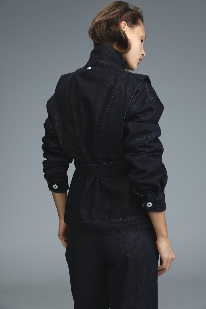 Prestige dark blue denim jacket with puffed sleeves and belted waist shown from the front