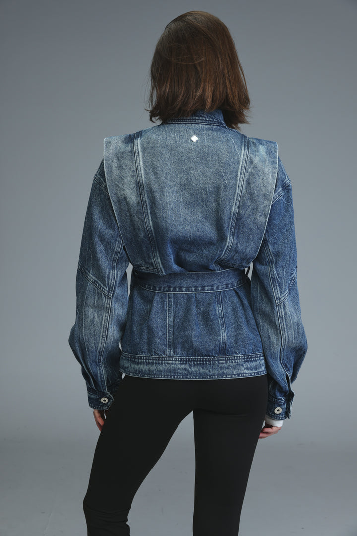 Prestige blue denim jacket with belted waist and shoulder pads shown from the front
