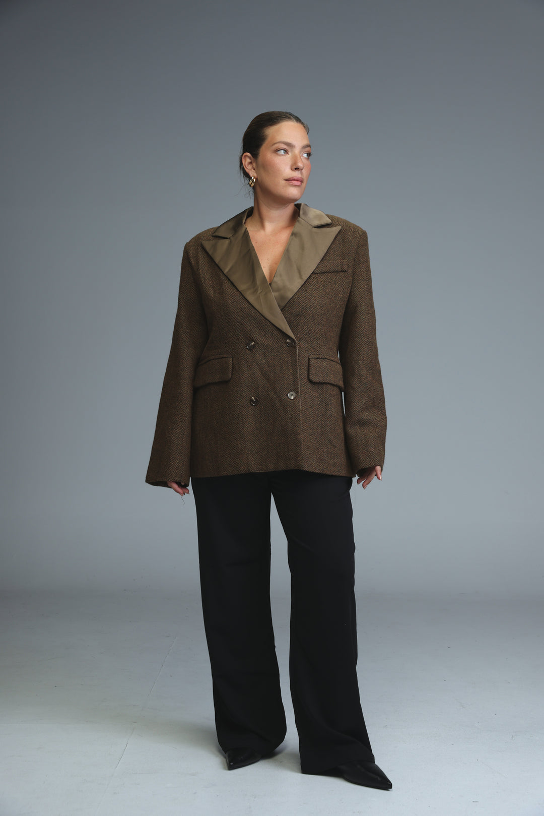 Penthouse brown double-breasted blazer with contrasting lighter brown lapel and textured fabric front view