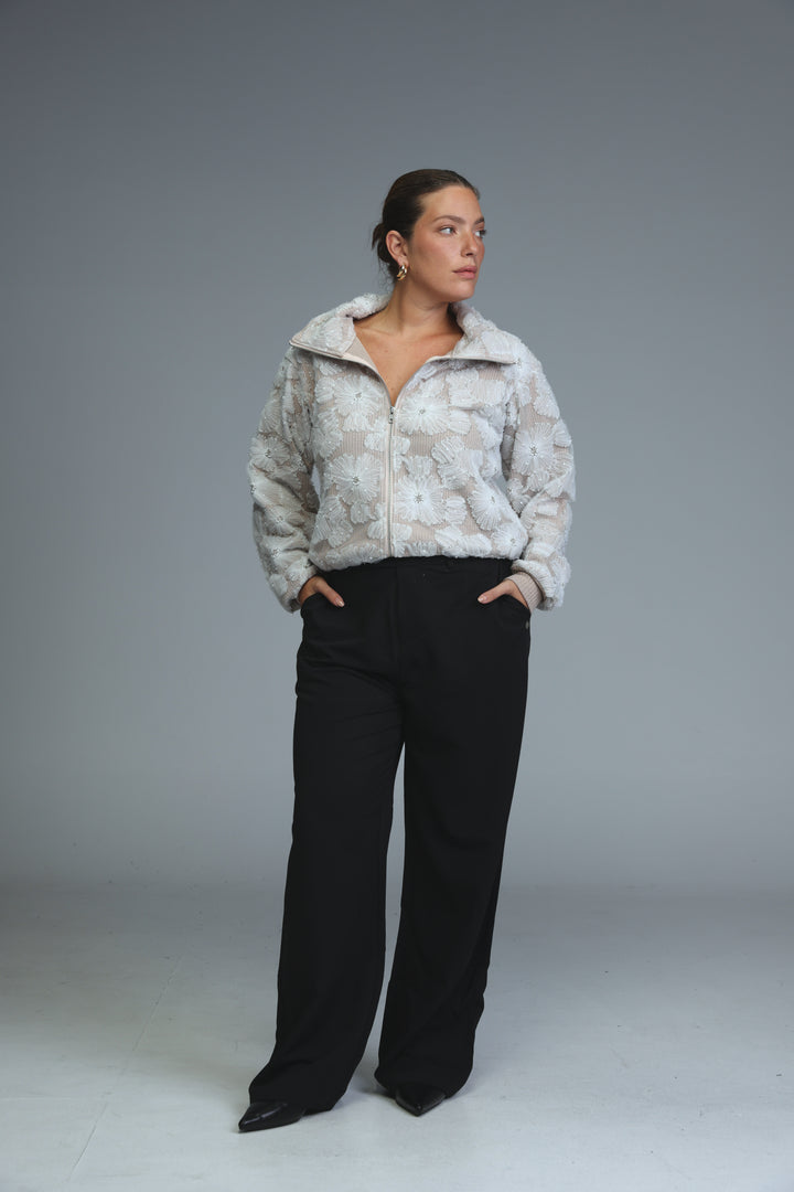 Light gray Blossom Stone jacket with plush faux-fur-lined hood and floral embroidery on the front viewed from the front