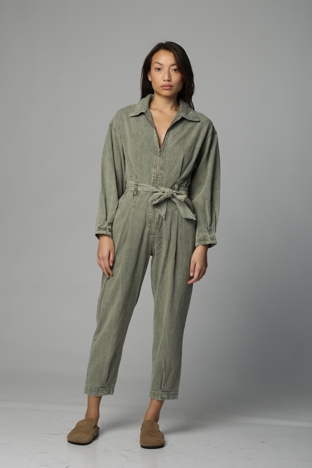 אוברול ג'ינס Washed Kahki Denim Jumpsuit חאקי