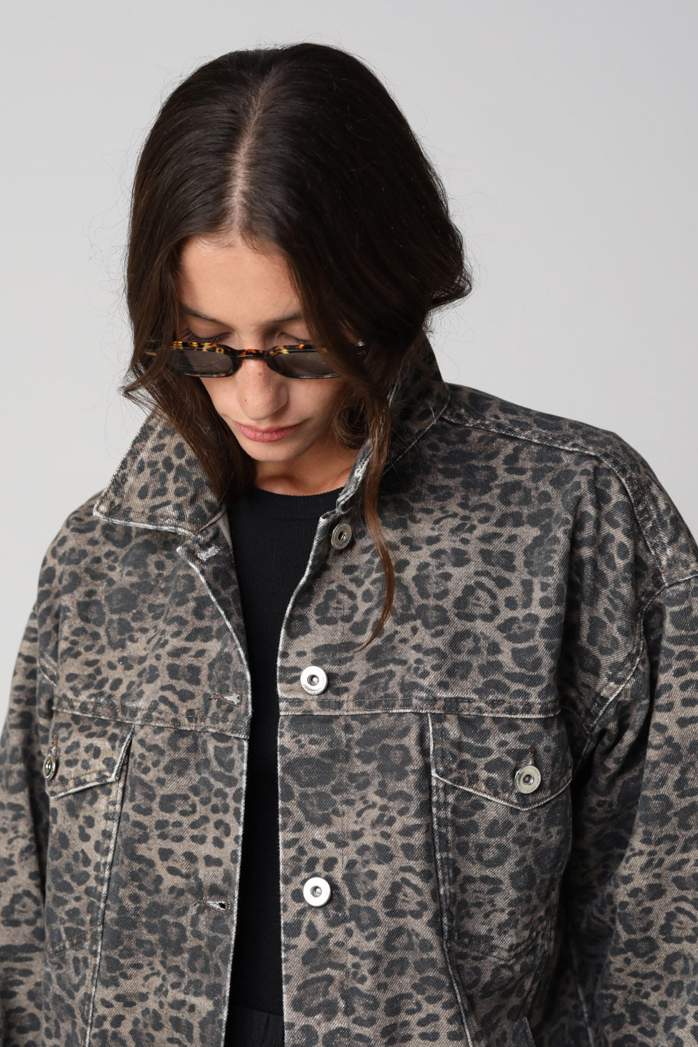 ג'קט ג'ינס לנשים Oversized Denim Leopard Jacket